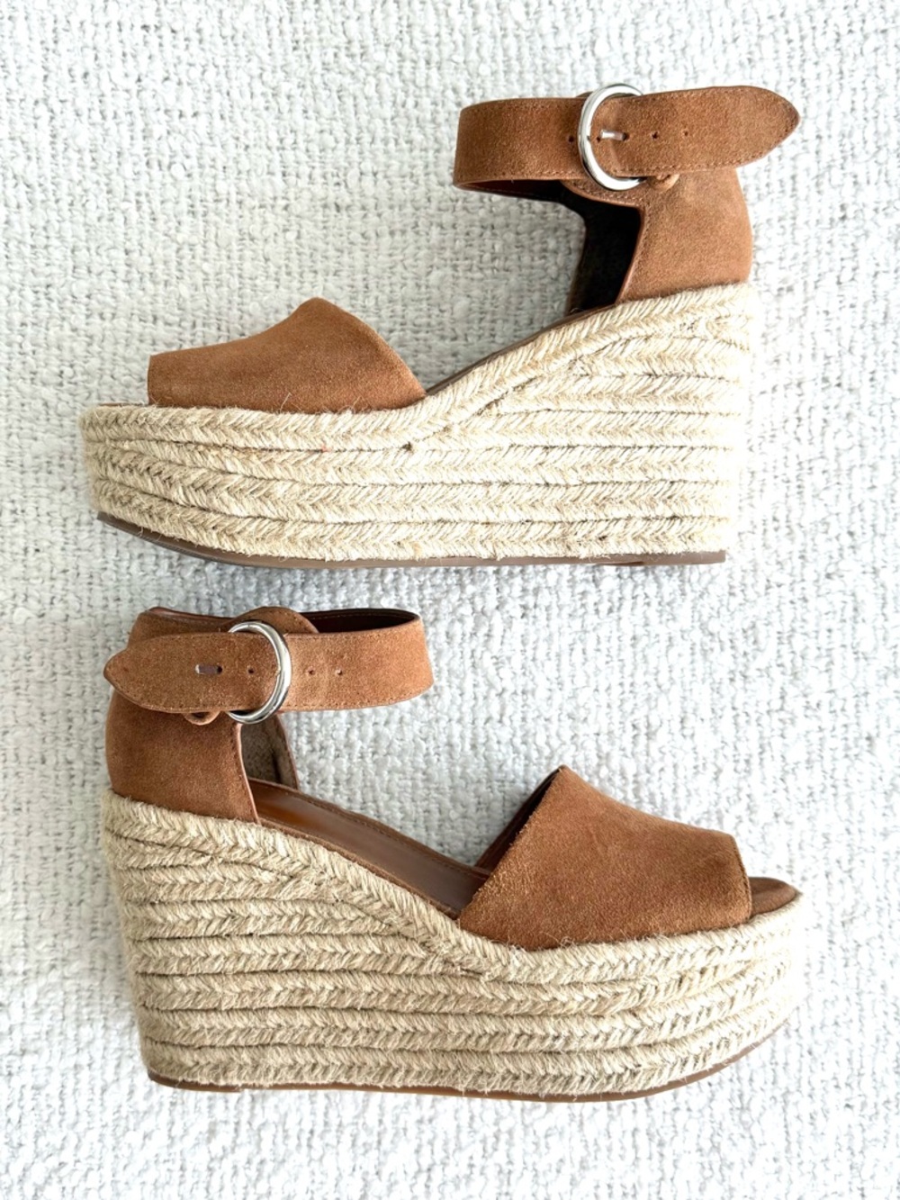 Marc Fisher Adalyn Tan Suede Espadrille Platform Wedges with Ankle Buckle Sz 9